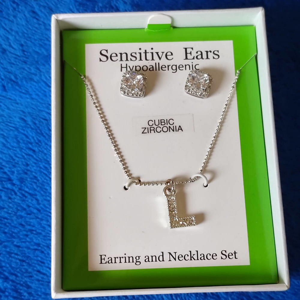 JC Penny Hypoallergenic Cubic Zirconia "L" Initial Earring Sensitive Necklace